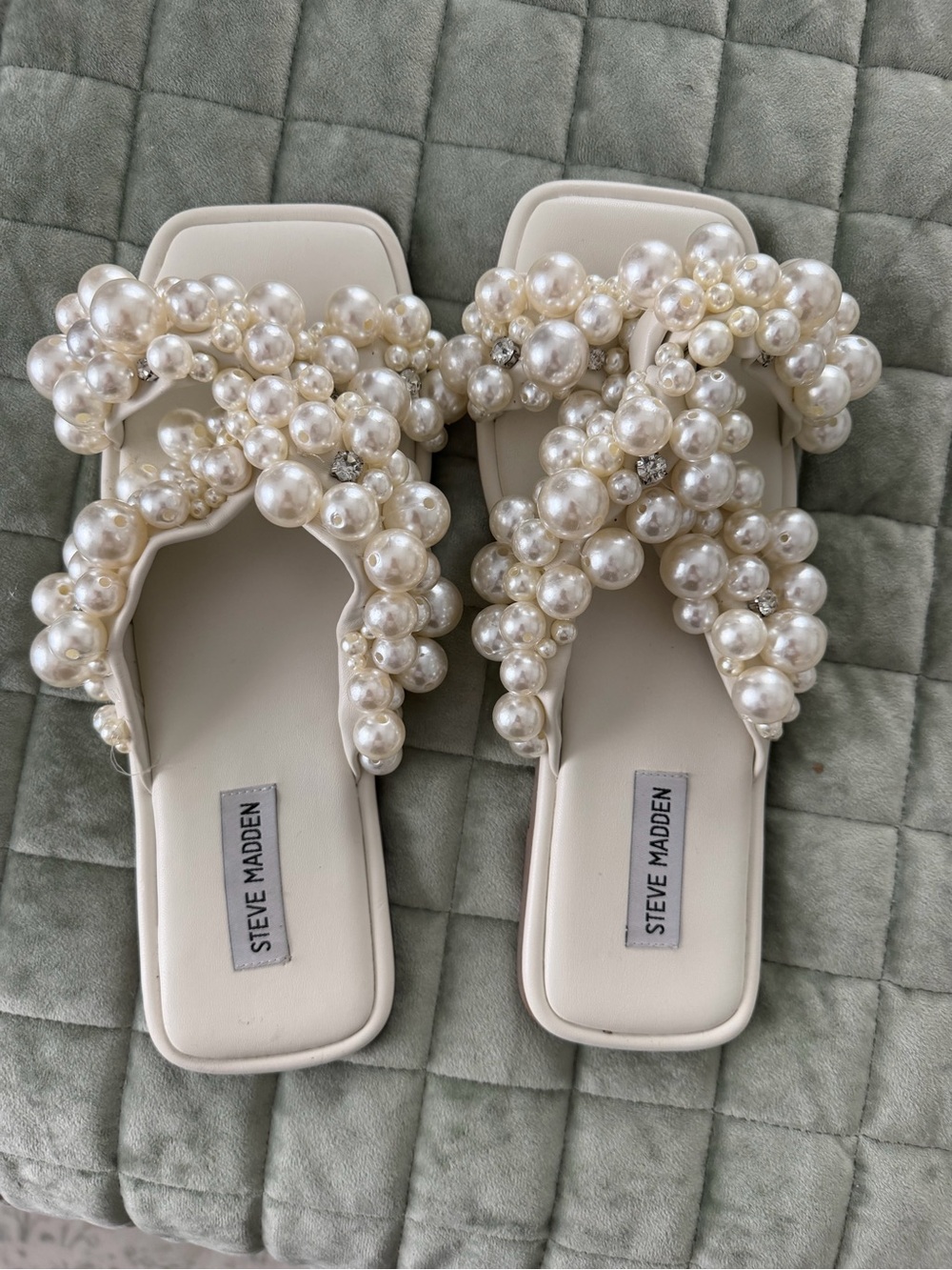 Steve Madden Ivory Pearl Embellished Slide Sandals
